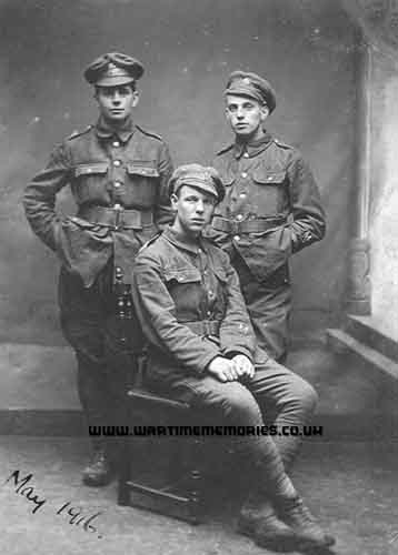 Bernard Louis Shotton taken in May 1916, standing up on the right, the two other 'pals' are unknown to me and my family. We tried to find out who the two other persons where via the RBL buletin, but our search stay in vein.