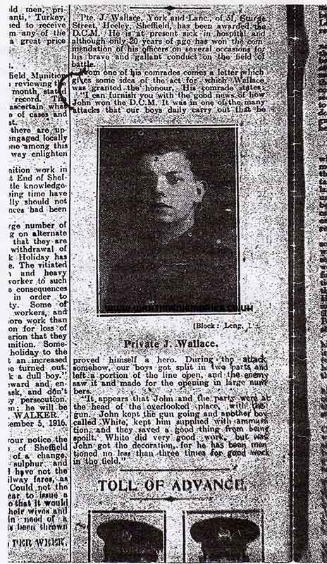 Sheffield newspaper article reporting Cpl. J Wallace DCM award