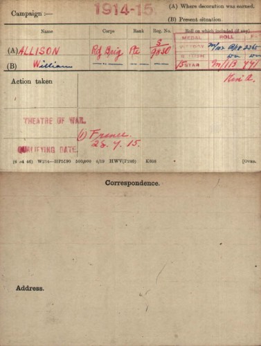 William Allison's Medal Index Card