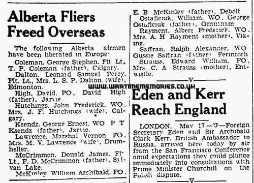 Saffran, Ralph Alexander, Warrant Officer, RCAF, Flier Liberated in Europe, 17 May 1945, Lethbridge Herald