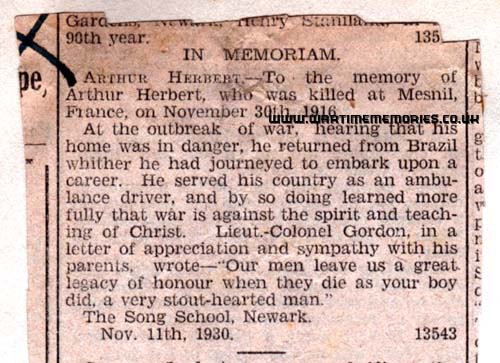 Newspaper cutting from November 11th 1930 in memory of Arthur Herbert