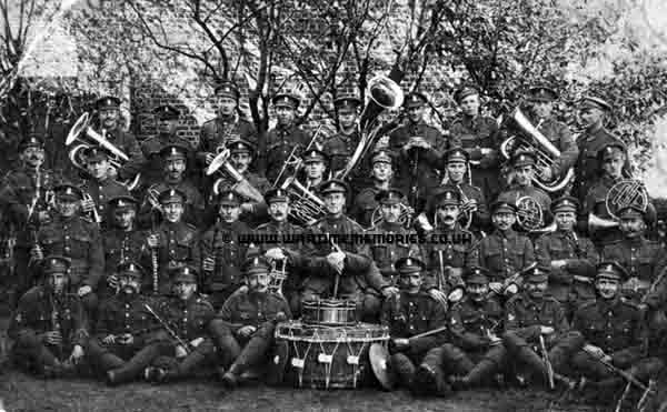 Brass band of the Royal Irish Rifles, including nine bandsmen from Luton Red Cross Band. Fred Mortimer on extreme left.