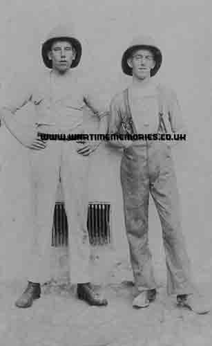 <p>Private Harry Thurlow (left) and friend.  Postcard 
