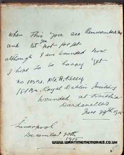 Note from No10304 Pte H. Kelly 1st Bn. Royal Dublin Fusiliers