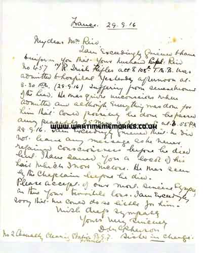 <p>Letter from Sister in Charge No.2 Casualty Clearing Station.
