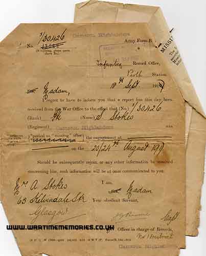 Note from Cameron Highlanders that he was missing