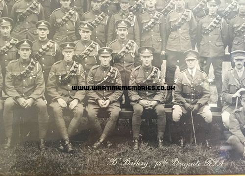 Walter Thorpe, B Bty., 75 Brigade, RFA_is at centre of photo with black moustache.