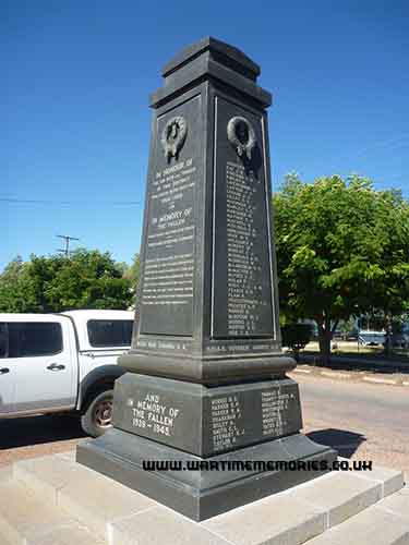 Winton war memorial to the fallen both world wars. As can be seen near the bottom of the top right list, Norman Ramsay is among those honoured. He is also honoured on a similar war memorial in Cambooya, Queensland. Photograph by Alan Ramsay.
