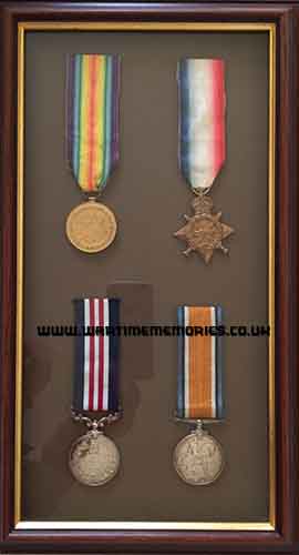 <p>Uncle Will's medals - Top:- Victory Medal and 1914/18 Star. Bottom:- Military Medal and British War Medal.