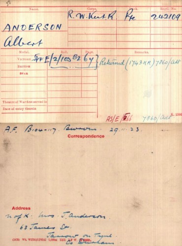 Albert Edwin Anderson's Medal Index Card