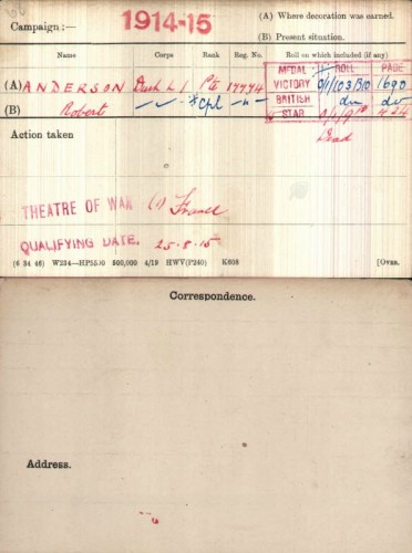 Robert Anderson's Medal Index Card