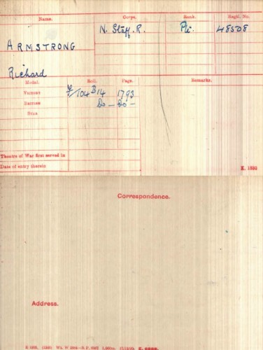 Richard Armstrong's Medal Index Card