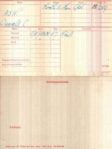 Oswald Charles Ash's Medal Index Card