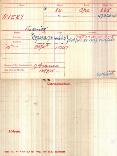 Frederick Avery's Medal Index Card