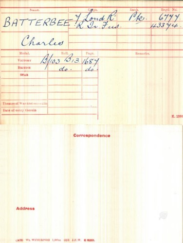 Charles Batterbee's Medal Index Card