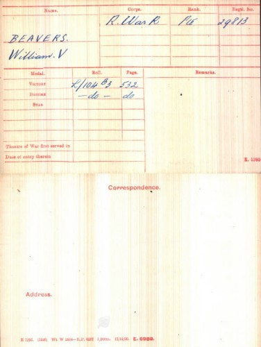 William Victor Beavers' Medal Index Card