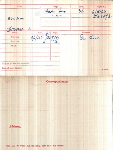 Medal card of Edward Norman Bolam, 1st/5th Battalion Northumberland Fusiliers. 
