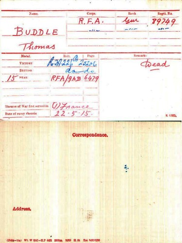 Thomas Buddle's Medal Index Card