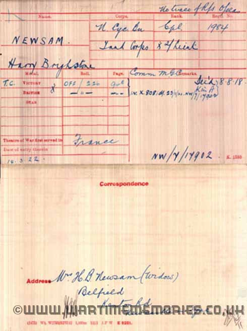 Harry Brighstone Newsam's Medal Index Card
