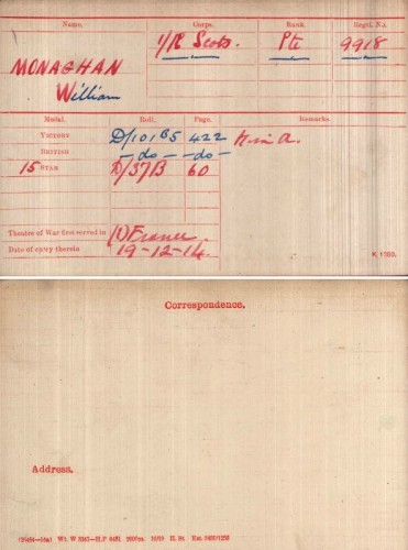 William Monaghan Medal Index Card