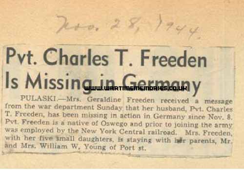Charles T Freeden Missing In Action 11/8/1944