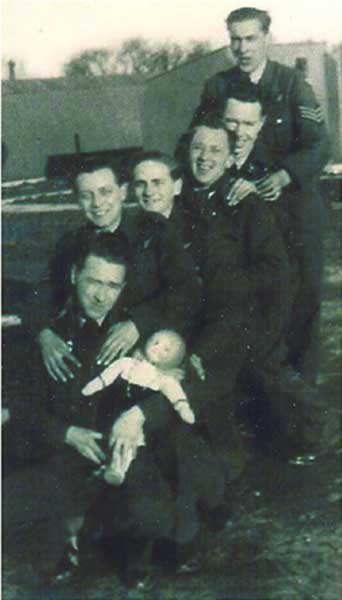 This photograph of his crew has been sent to me by the only surviving member (Ernie Gumm) Top to bottom: Sgt Harold Williams, Sgt Charles Pinder, Sgt Ernie Gumm, Sgt William Huntley, Sgt Thomas Berry and mascot Zola.
