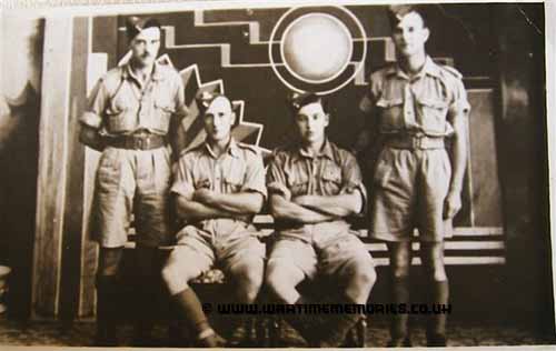L to r: Ray Moxon, Derbyshire, died 1943 on Death Railway in Thailand. Henry Dennis, London Lost South China Sea 1944. John Spencer of London. Cliff Burgess of Ely Cambs. Photo taken December, 1941, Jahore, Malaya 11 Battery, 3rd  HAA Rgt, RA.
