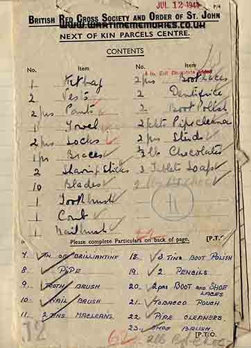 Red Cross parcel list July 1944