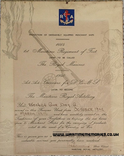 Royal Maritime Artillery service certificate