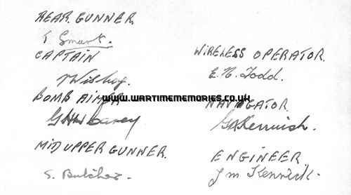 The signatures of the crew of Halifax MZ733 C8-H