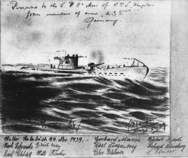 A drawing and signature presented to HMS Kingston by the crew of the captured U35 with their signatures.
