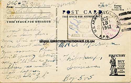 Postcard home to his mother on 6th Oct 1942